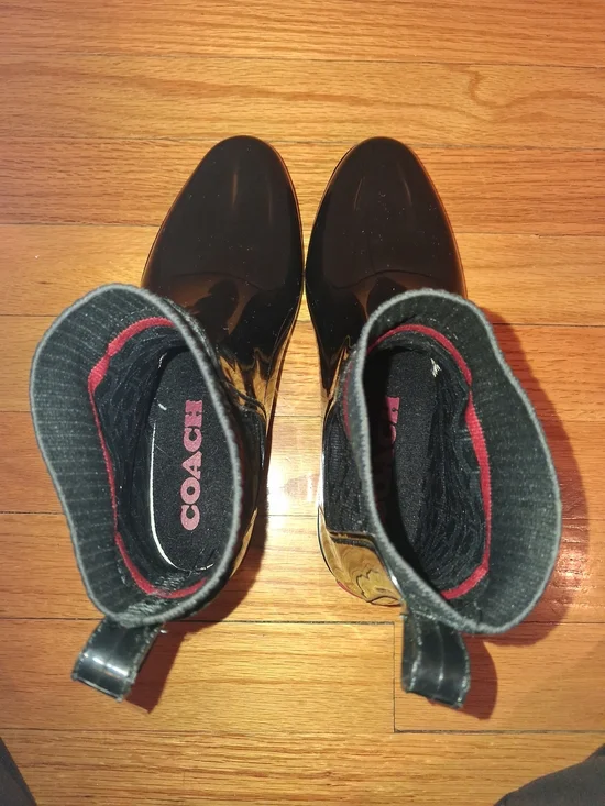 Coach Glossy Black Rain Ankle Boots with Gray Knit Cuff and Pink Tab - Picture 3 of 8